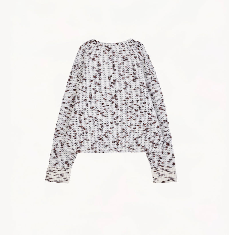 Camel melange mens crewneck sweater in wool blend with fancy yarn oversized fit seamless neckline and turned up cuffs.