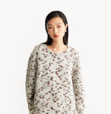 Camel melange mens crewneck sweater in wool blend with fancy yarn oversized fit seamless neckline and turned up cuffs. left-view.