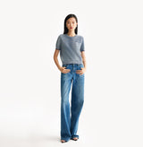 Classic blue mid waist straight jeans. front-view