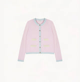 Light pink cashmere cardigan with baby blue and pale yellow contrast trims and shoulder pads.