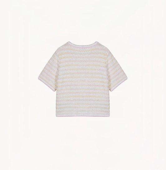 Pink and yellow gradient bouclé short sleeve jacket with colorful stripes, boxy cut, and lace trim. 
