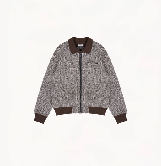 Dark grey wool bouclé plaid jacket with metallic yarn and contrast trims.