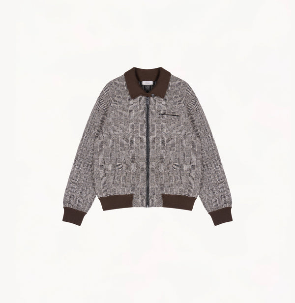 Dark grey wool bouclé plaid jacket with metallic yarn and contrast trims.