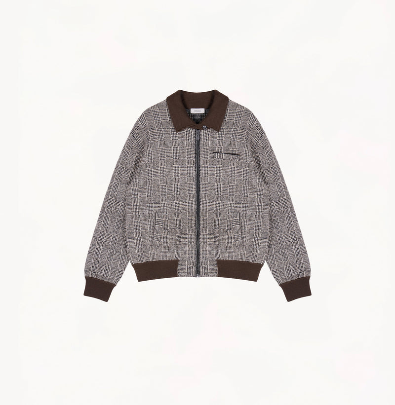 Dark grey wool bouclé plaid jacket with metallic yarn and contrast trims.