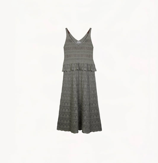 Grey green linen dress with deep V-neck, lace trim, and mesh shoulders.