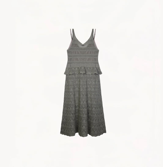 Grey green linen dress with deep V-neck, lace trim, and mesh shoulders.