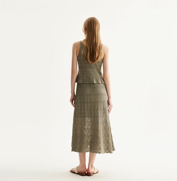 Grey green linen dress with deep V-neck, lace trim, and mesh shoulders. rear-view