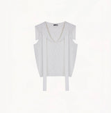 White cotton-linen diamond pointelle tank top with sailor collar, petal trim, and ribbon detailing.