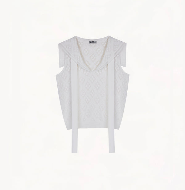White cotton-linen diamond pointelle tank top with sailor collar, petal trim, and ribbon detailing.