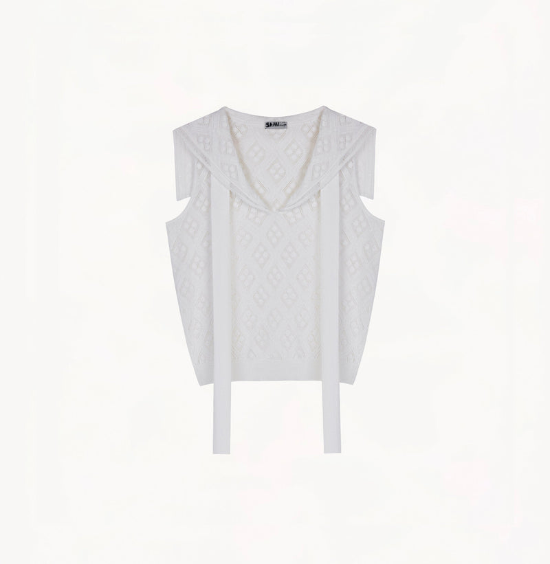 White cotton-linen diamond pointelle tank top with sailor collar, petal trim, and ribbon detailing.