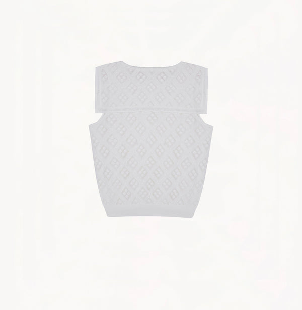 White cotton-linen diamond pointelle tank top with sailor collar, petal trim, and ribbon detailing.