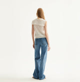 White cotton-linen diamond pointelle tank top with sailor collar, petal trim, and ribbon detailing. rear-view