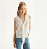 White cotton-linen diamond pointelle tank top with sailor collar, petal trim, and ribbon detailing. left-view