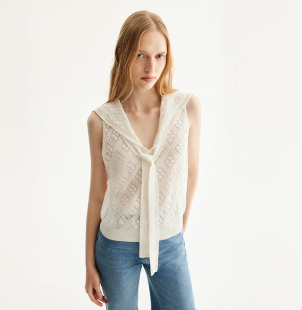 White cotton-linen diamond pointelle tank top with sailor collar, petal trim, and ribbon detailing. left-view