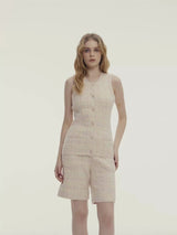 CHECK TWEED CINCHED CREWNECK VEST