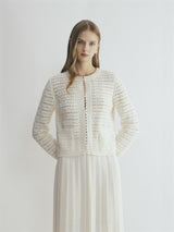 CROCHET-TRIM POINTELLE CREWNECK CARDIGAN