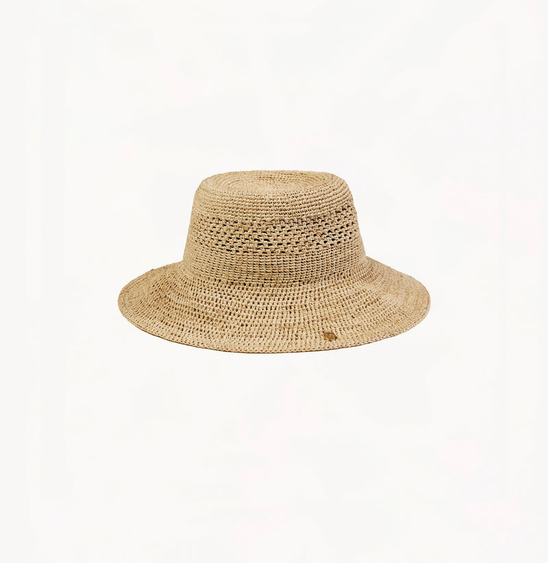 Sand-colored raffia sun hat with adjustable inner band.