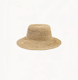 Sand-colored raffia sun hat with adjustable inner band. 