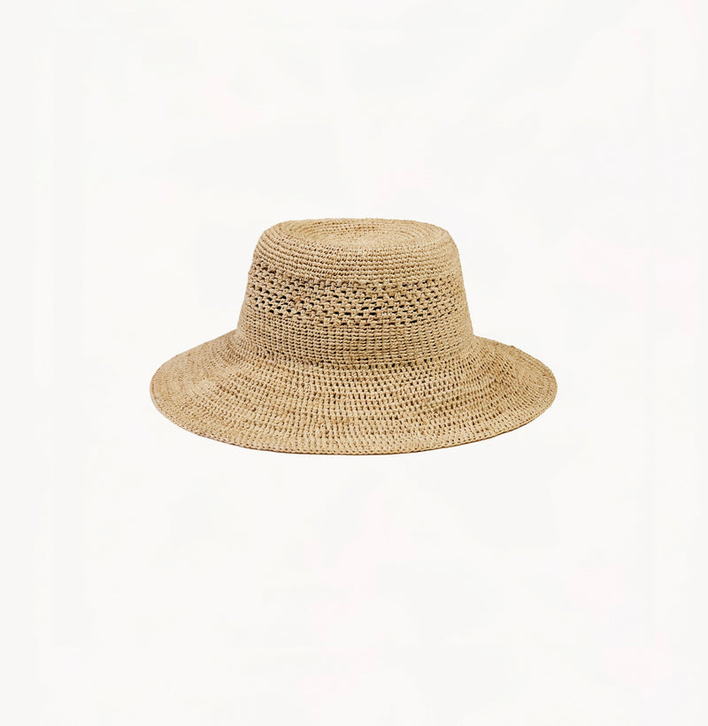 Sand-colored raffia sun hat with adjustable inner band. 