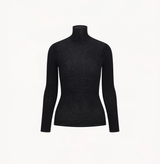 Ribbed cashmere turtleneck top in black.