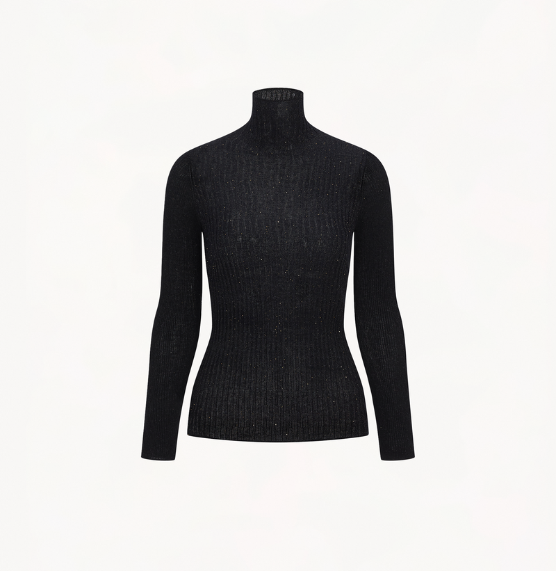 Ribbed cashmere turtleneck top in black.