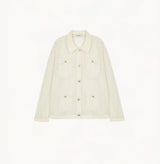 White sheer cardigan in velvet-metallic blend with horizontal pointelle pattern. 