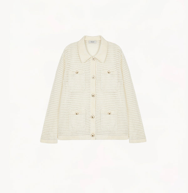 White sheer cardigan in velvet-metallic blend with horizontal pointelle pattern. 