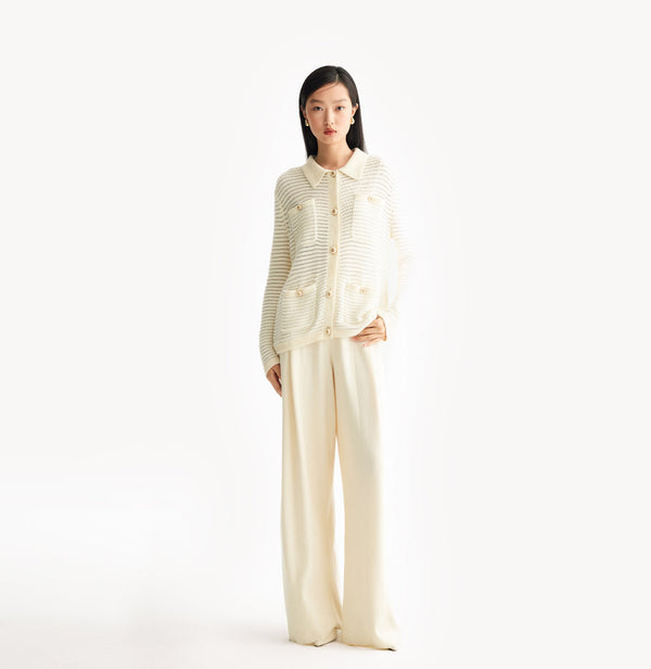 White sheer cardigan in velvet-metallic blend with horizontal pointelle pattern. front-view