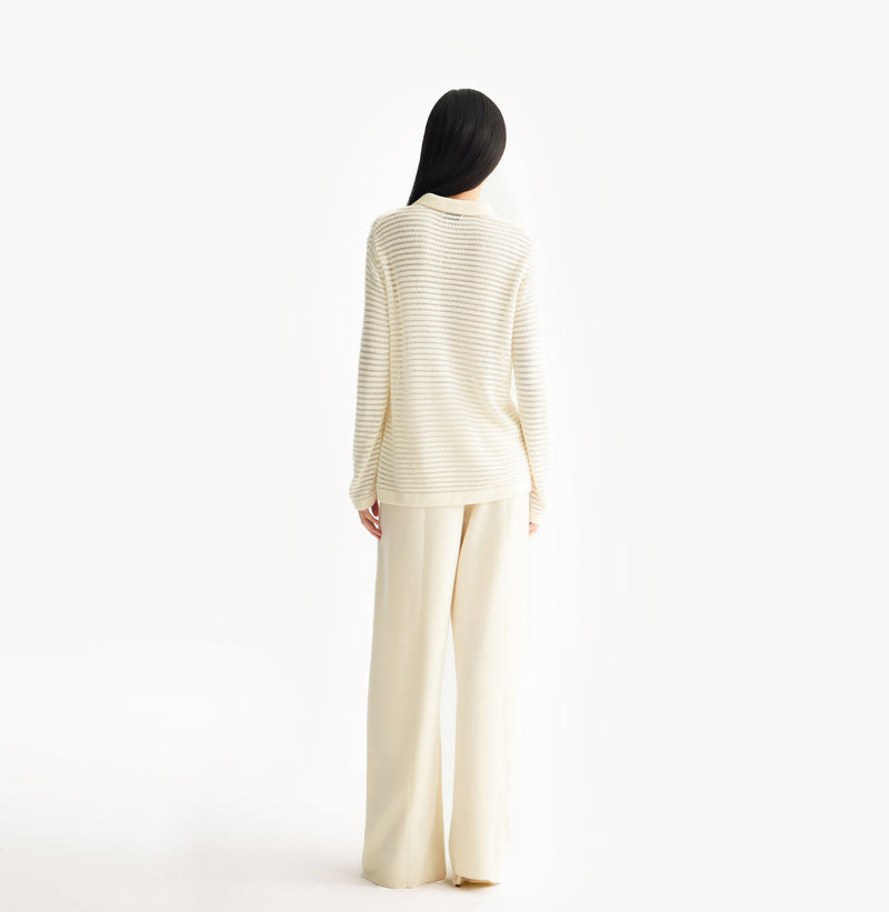 White sheer cardigan in velvet-metallic blend with horizontal pointelle pattern. rear-view