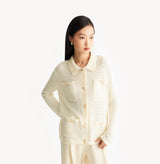 White sheer cardigan in velvet-metallic blend with horizontal pointelle pattern. left-view