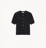 Short-sleeved top with velvet knit in black.