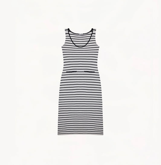 White and black striped silk-cotton dress with fitted U-neckline and lace trims.