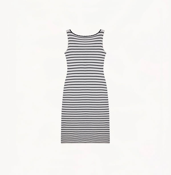 White and black striped silk-cotton dress with fitted U-neckline and lace trims.
