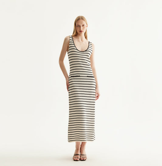 White and black striped silk-cotton dress with fitted U-neckline and lace trims. front-view