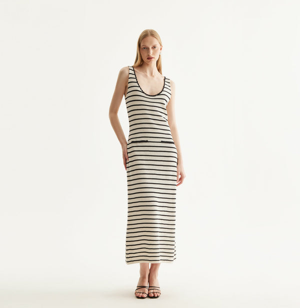 White and black striped silk-cotton dress with fitted U-neckline and lace trims. front-view