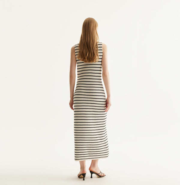 White and black striped silk-cotton dress with fitted U-neckline and lace trims. rear-view