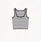 White and black striped silk-cotton tank top with fitted square neckline and lace detailing along hem, neckline, and armholes.