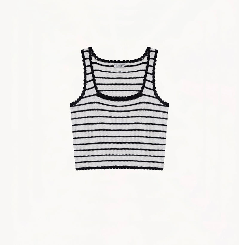 White and black striped silk-cotton tank top with fitted square neckline and lace detailing along hem, neckline, and armholes.