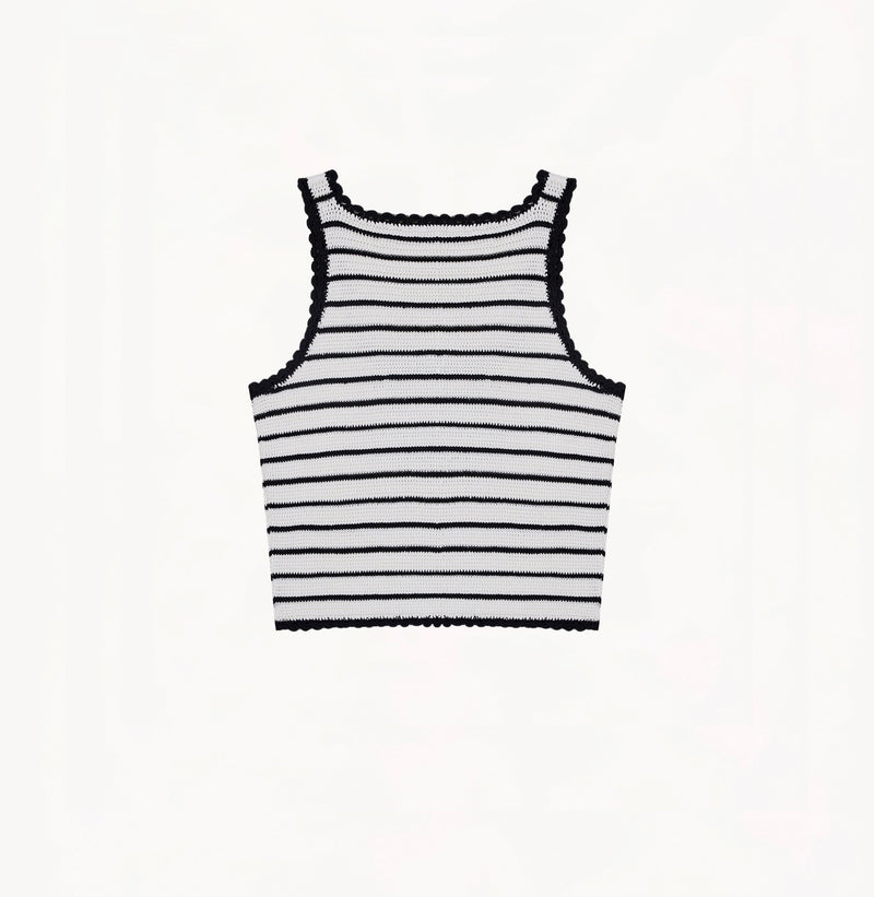 White and black striped silk-cotton tank top with fitted square neckline and lace detailing along hem, neckline, and armholes.