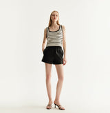 White and black striped silk-cotton tank top with fitted square neckline and lace detailing along hem, neckline, and armholes. front-view