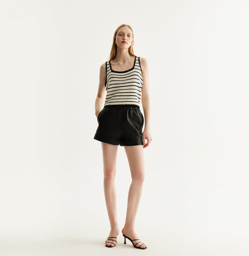 White and black striped silk-cotton tank top with fitted square neckline and lace detailing along hem, neckline, and armholes. front-view