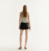 White and black striped silk-cotton tank top with fitted square neckline and lace detailing along hem, neckline, and armholes. rear-view