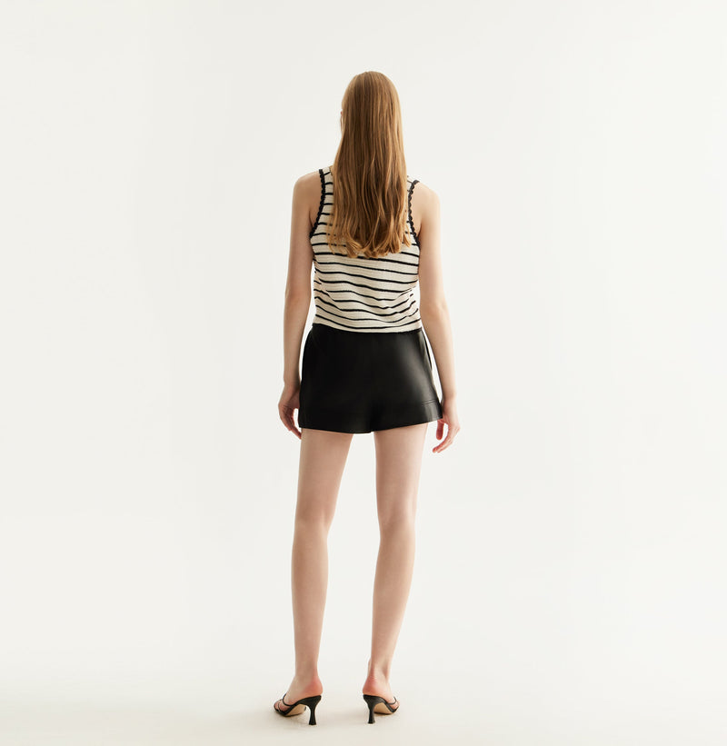 White and black striped silk-cotton tank top with fitted square neckline and lace detailing along hem, neckline, and armholes. rear-view