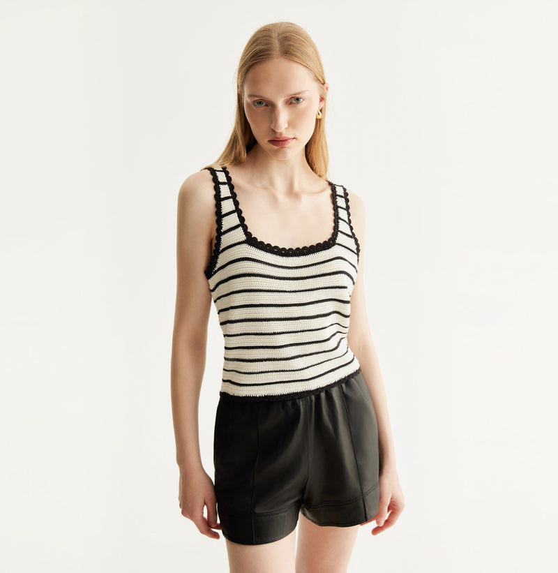 White and black striped silk-cotton tank top with fitted square neckline and lace detailing along hem, neckline, and armholes. left-view
