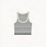 Blue and white striped wool tank top with U-neck and refined pinstripe pattern.