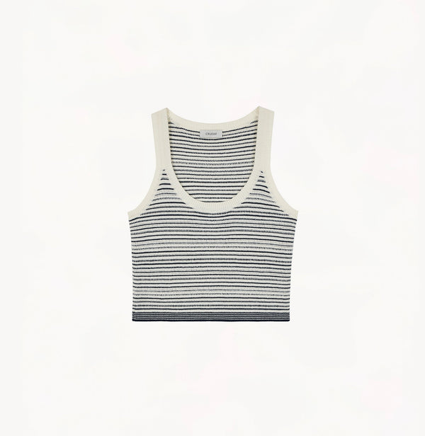Blue and white striped wool tank top with U-neck and refined pinstripe pattern.