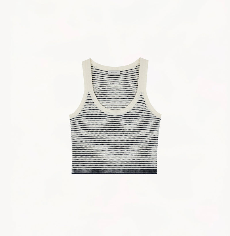 Blue and white striped wool tank top with U-neck and refined pinstripe pattern.
