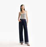 Blue and white striped wool tank top with U-neck and refined pinstripe. front-view