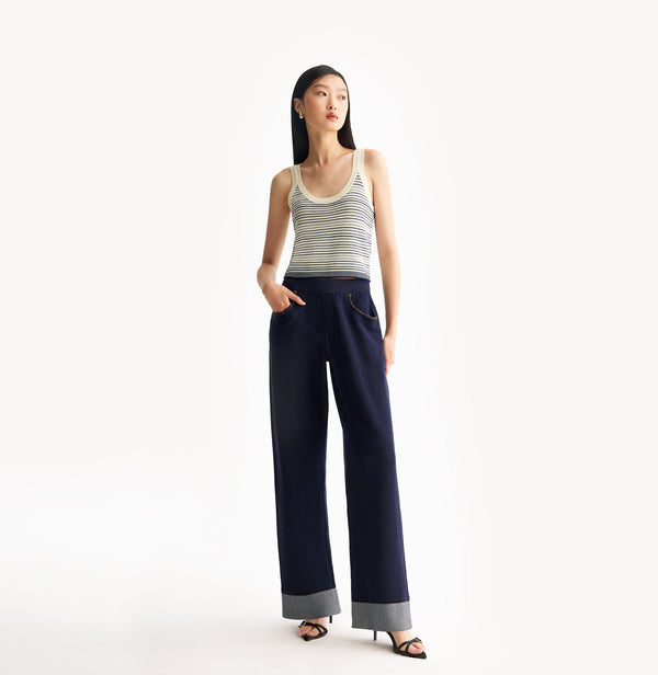 Blue and white striped wool tank top with U-neck and refined pinstripe. front-view