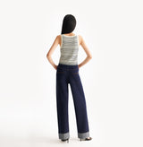 Blue and white striped wool tank top with U-neck and refined pinstripe. rear-view